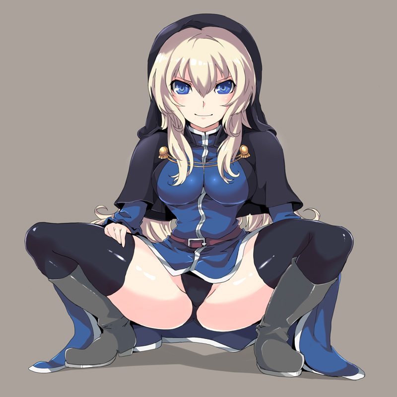 1girl black_thighhighs blue_eyes breasts female_focus genderswap genderswap_(mtf) goeniko goenitz long_hair looking_at_viewer m.u.g.e.n medium_breasts mozu_taiya simple_background smile solo spread_legs the_king_of_fighters thighhighs
