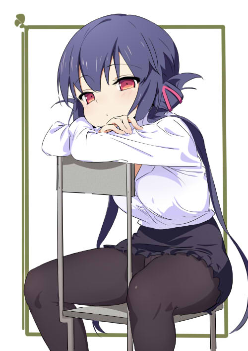 1girl bad_id bad_pixiv_id black_pantyhose black_skirt chair clover_days dress_shirt female_focus hair_ornament head_rest long_hair miniskirt panties panties_under_pantyhose pantyhose pantyshot purple_hair red_eyes shirt sitting sitting_backwards skirt solo takakura takakura_anri twintails underwear very_long_hair white_shirt