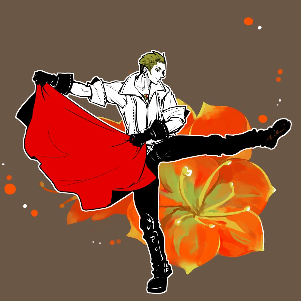 1boy balflear black_gloves black_pants blonde_hair brown_background earrings final_fantasy final_fantasy_xii flag flower full_body gloves half-closed_eyes holding holding_flag jacket jewelry male_focus mochi_(hanamaruudondesu) orange_flower pants red_flag sleeve_rolled_up solo white_jacket