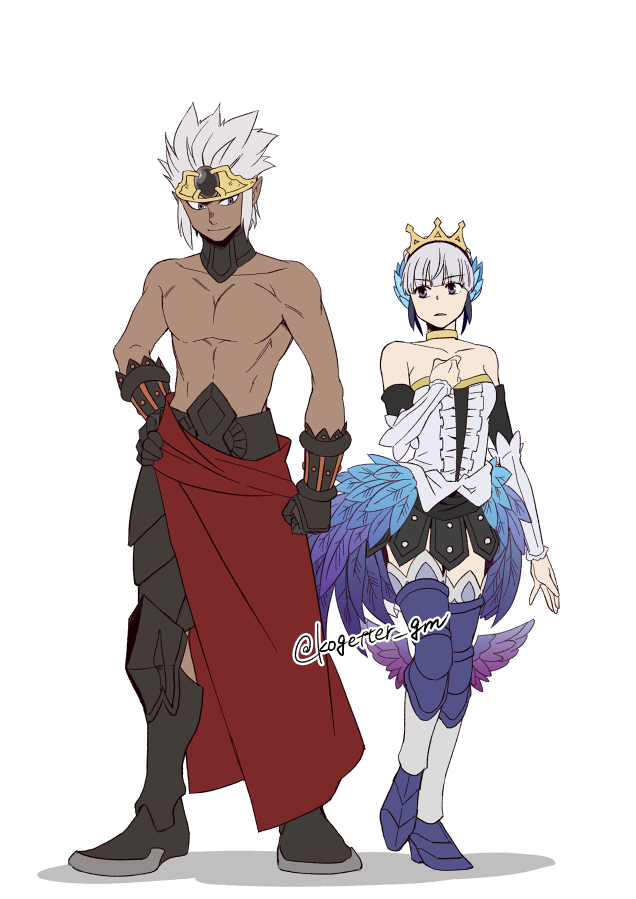 1boy 1girl bare_shoulders black_gloves blue_eyes breasts circlet clenched_hand commentary_request crown dark-skinned_male dark_skin detached_sleeves dress gloves grey_eyes grey_hair gwendolyn_(odin_sphere) hand_on_own_hip leg_wings medium_breasts moonlight_0423 odin_sphere onyx_(odin_sphere) short_dress strapless strapless_dress topless_male twitter_username wings