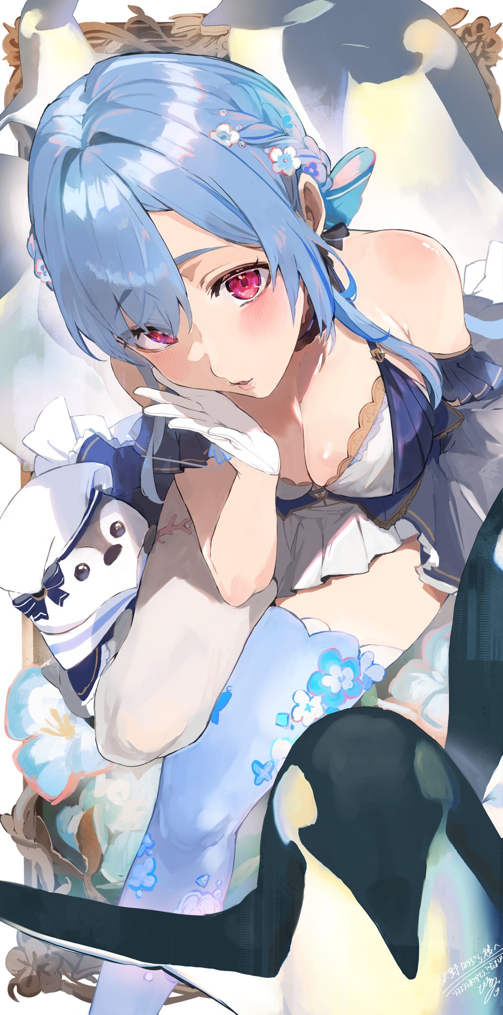 1girl animal bare_shoulders bird blue_hair braid breasts cleavage copyright_request flower_hairpin from_above gloves highres large_breasts looking_at_viewer penguin red_eyes skirt thighhighs tomochi_(tmc_tmc8) white_gloves