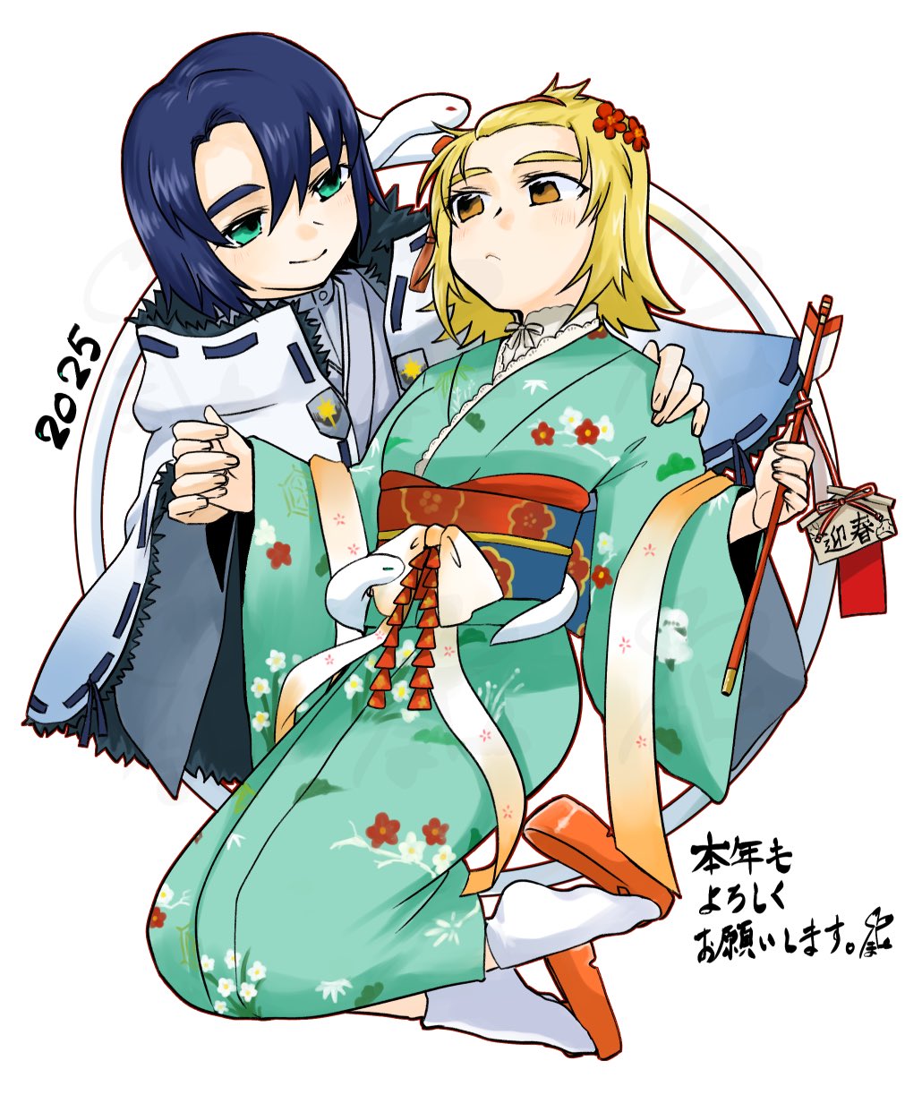 1boy 1girl 2025 arrow_(projectile) athrun_zala blonde_hair blue_hair blue_kimono cagalli_yula_athha couple flower geta green_eyes green_kimono gundam gundam_seed hair_flower hair_ornament hand_on_another&#039;s_shoulder highres holding holding_arrow holding_hands japanese_clothes kimono looking_at_another meyama_mamezou official_alternate_costume short_hair smile snake tabi white_background white_snake yellow_eyes
