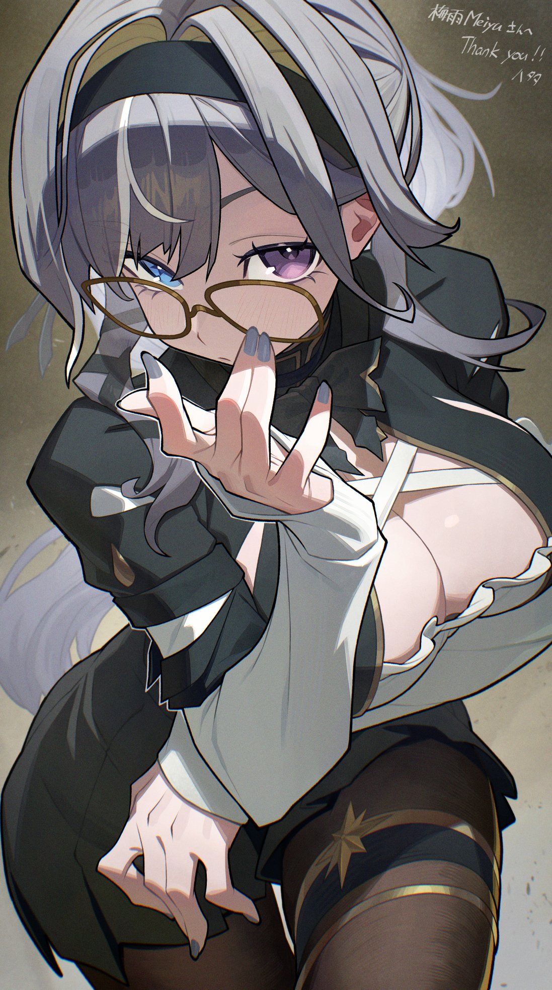 1girl black_headband blue_eyes breasts character_request cleavage commentary_request commission copyright_request expressionless glasses gradient_background grey_eyebrows grey_hair grey_nails hata4564 headband heterochromia highres large_breasts long_hair looking_at_viewer pantyhose ponytail purple_eyes skeb_commission thigh_strap
