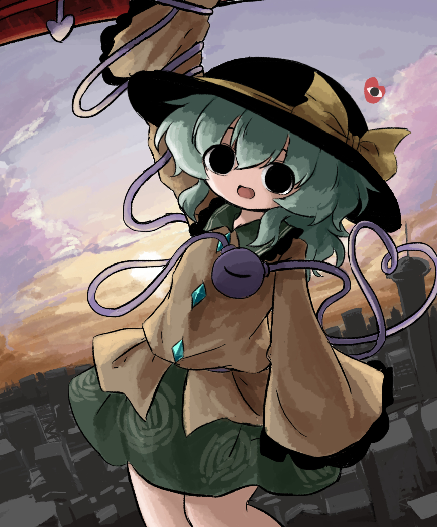 1girl black_eyes black_hat blouse bow buttons city cloud diamond_button eyeball frilled_shirt_collar frilled_sleeves frills green_hair green_skirt hanging hanging_on hat hat_bow hat_ribbon heart heart_of_string heripantomorrow komeiji_koishi long_sleeves looking_at_viewer open_mouth ribbon shirt skirt solo sun third_eye touhou wide_sleeves yellow_bow yellow_ribbon yellow_shirt