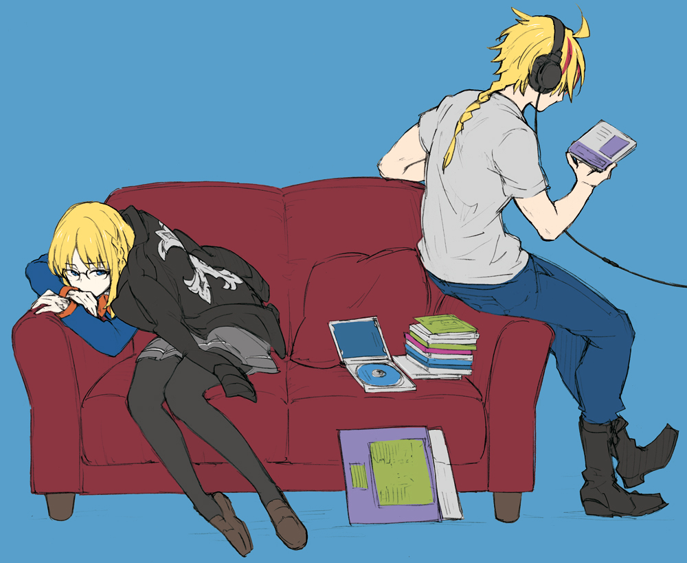 1boy 1girl ahoge black_pantyhose blonde_hair blue_background blue_pants book boots braid cd cd_case couch fate/strange_fake fate_(series) glasses headphones isshoku_(shiki) long_sleeves medium_hair on_couch pants pantyhose pillow richard_i_(fate) sajou_ayaka_(fate/prototype) sajou_ayaka_(fate/strange_fake) short_sleeves simple_background sitting skirt