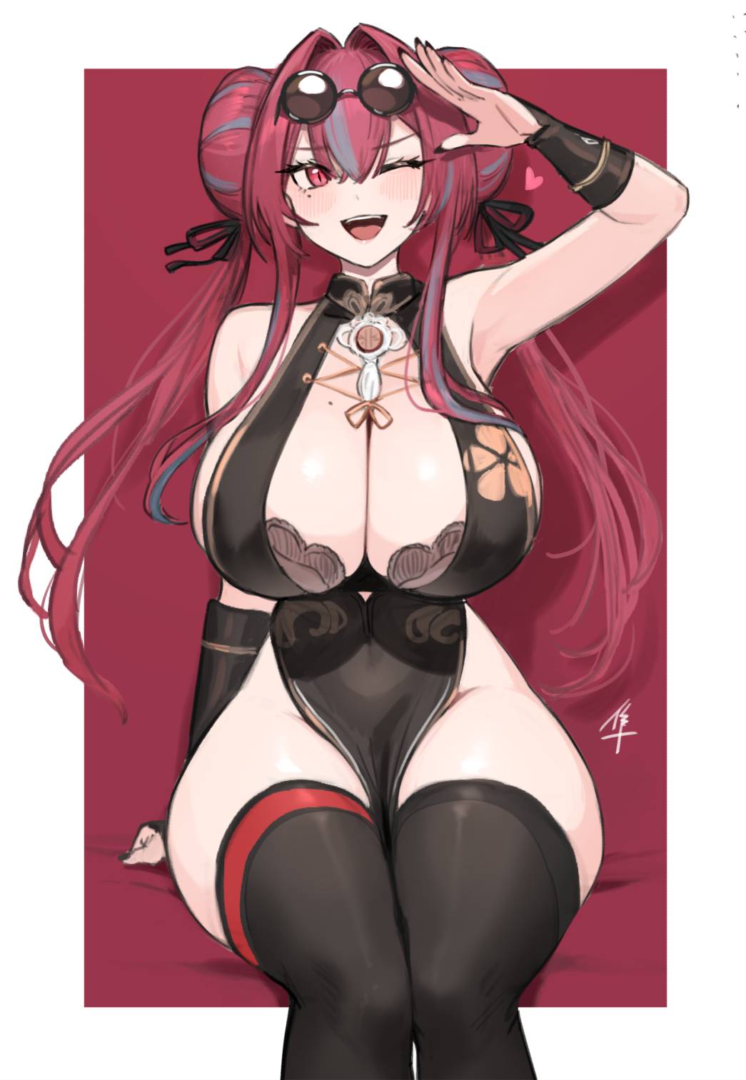 1girl ;d arm_up armpits azur_lane black_thighhighs blush breasts bremerton_(azur_lane) bremerton_(kung_fu_cruiser)_(azur_lane) double_bun eyewear_on_head grey_hair hair_bun hayabusa_(vert_320) highres large_breasts long_hair looking_at_viewer mole mole_on_breast multicolored_hair official_alternate_costume one_eye_closed open_mouth pelvic_curtain red_background red_eyes red_hair sidelocks signature simple_background sitting smile solo streaked_hair sunglasses thighhighs thighs twintails wide_hips