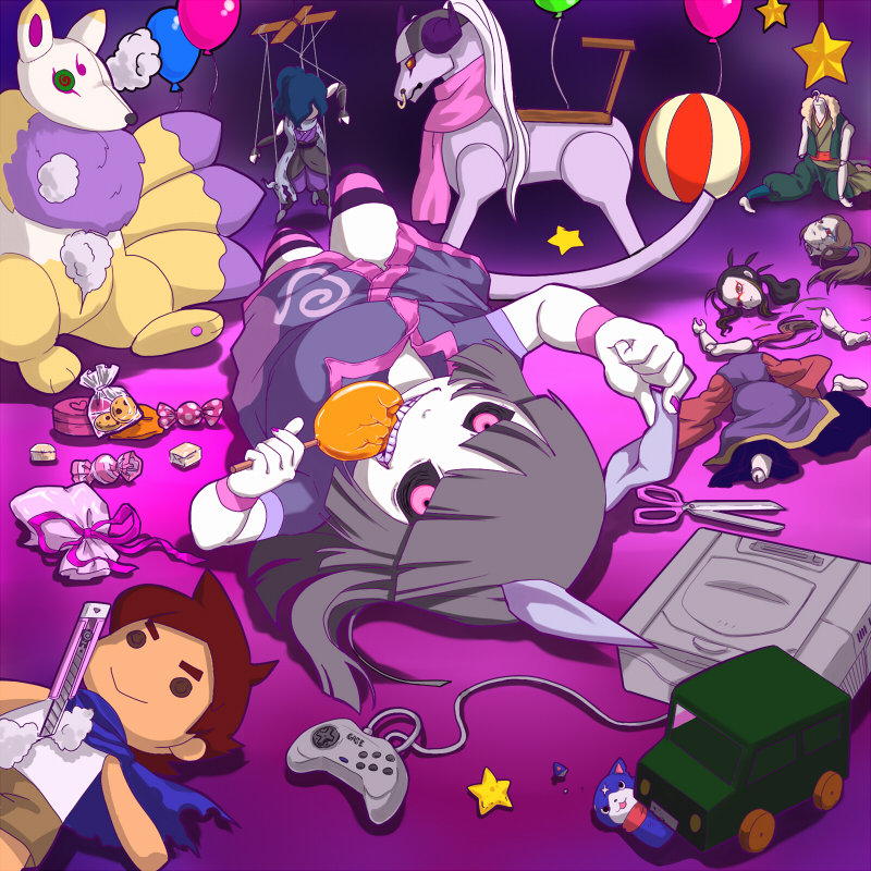 10s 1boy balloon blue_cape blunt_bangs boxcutter candy cape cat character_doll controller eating food fuyunyan game_console game_controller hakai_(youkai_watch) horns keizou kitsune knife kyuubi kyuubi_(youkai_watch) lollipop long_hair looking_at_viewer lying marionette monster_boy multiple_tails nail_polish on_back oogama_(youkai_watch) orochi_(youkai_watch) pink_eyes pink_nails puppet red_cape rocking_horse scar scissors sega_saturn sentinel_(ensofu) solo striped_clothes striped_thighhighs stuffed_toy stuffing tail thighhighs traditional_youkai trap tsuchigumo_(youkai_watch) white_hair yakkai youkai_watch