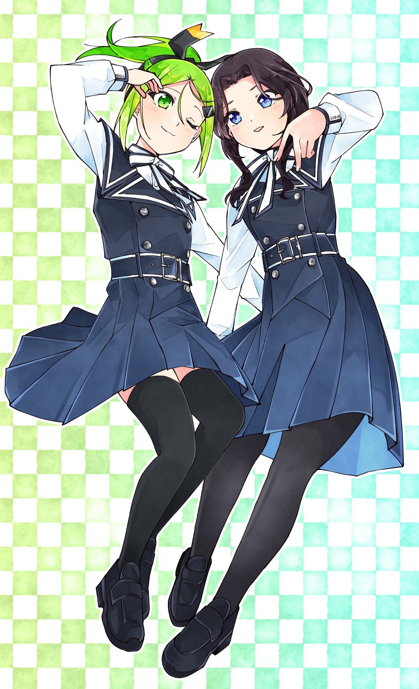 22/7 2girls ;) belt belt_buckle black_belt black_dress black_hair black_hairband black_pantyhose black_shoes black_socks blue_eyes bow bow_hairband buckle buttons curtained_hair double-breasted dress eye_contact floating_hair full_body green_eyes green_hair hair_bow hair_ornament hairband hairclip half_updo hand_up high_ponytail highres keisanchuu_new_costume kiryu_touko loafers long_hair long_sleeves looking_at_another medium_dress multiple_girls neck_ribbon one_eye_closed orihara_sumika pantyhose parted_bangs pinafore_dress pleated_dress ponytail ribbon shirt shirt_under_dress shoes sleeveless sleeveless_dress smile socks trefle_r two-tone_bow wavy_hair white_ribbon white_shirt