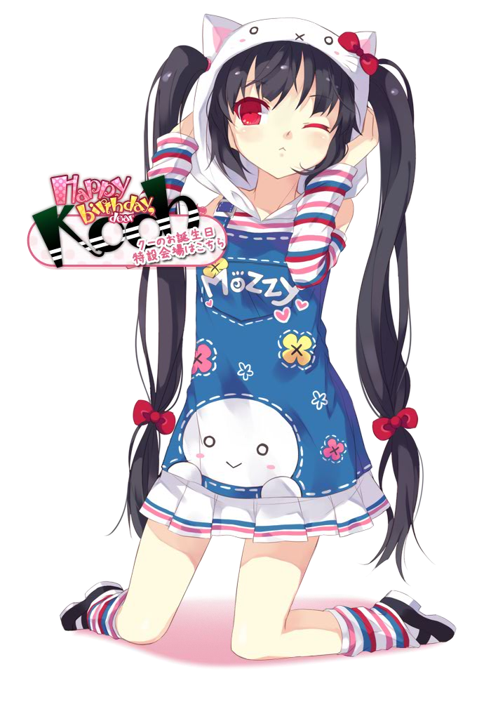 1girl :&lt; animal_ears bare_shoulders birthday black_hair cat_ears detached_sleeves female_focus full_body happy_birthday hood kneeling kooh long_hair nyanya official_art one_eye_closed pangya red_eyes shirt shoes skirt socks solo striped_clothes striped_shirt striped_socks transparent_background twintails wink