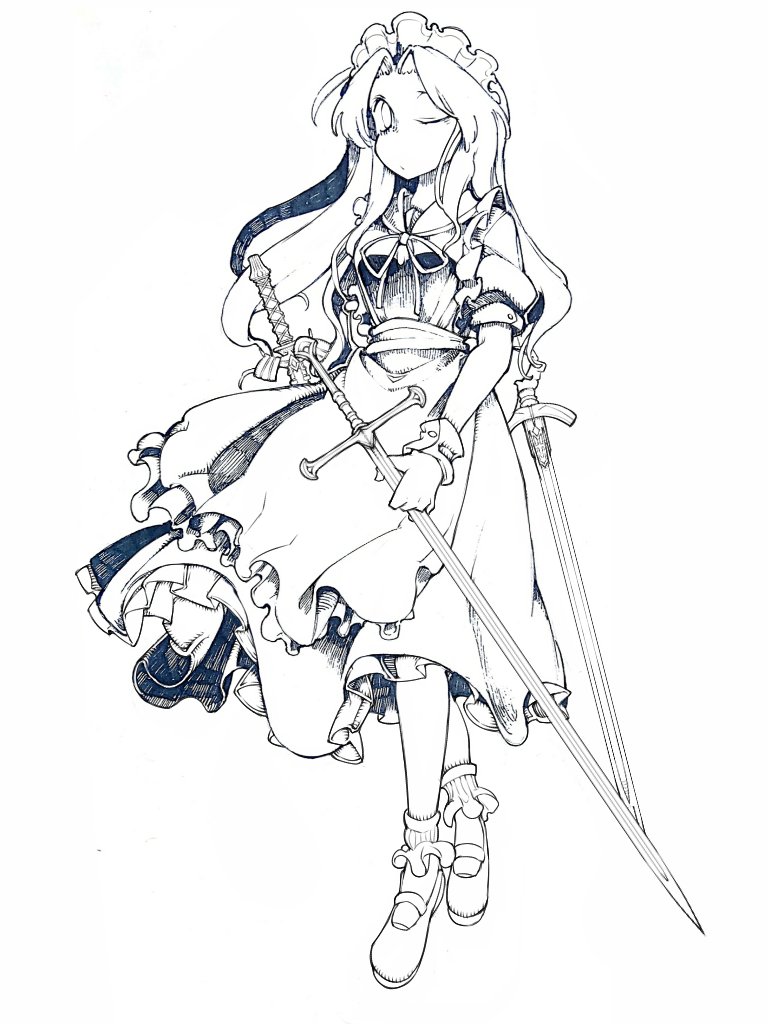1girl ;o apron bolos collared_shirt commentary crossed_legs dress dual_wielding expressionless frilled_apron frilled_dress frilled_socks frills full_body greyscale holding holding_behind_back holding_sword holding_weapon long_dress long_hair looking_at_viewer maid maid_headdress mary_janes monochrome neck_ribbon one_eye_closed parted_lips pleated_dress puffy_short_sleeves puffy_sleeves ribbon sheath sheathed shirt shoes short_sleeves simple_background socks solo standing sword tachi-e touhou touhou_(pc-98) weapon white_background wrist_cuffs yumeko_(touhou)