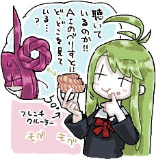+_+ 2girls ahoge black_shirt bow bowtie chatgpt-tan closed_mouth colored_skin donut eating food french_cruller green_hair long_hair lowres man_(man-room) multiple_girls original purple_hair red_bow red_bowtie shirt smile solo_focus tone_sphere translation_request trin_(tone_sphere) upper_body white_skin