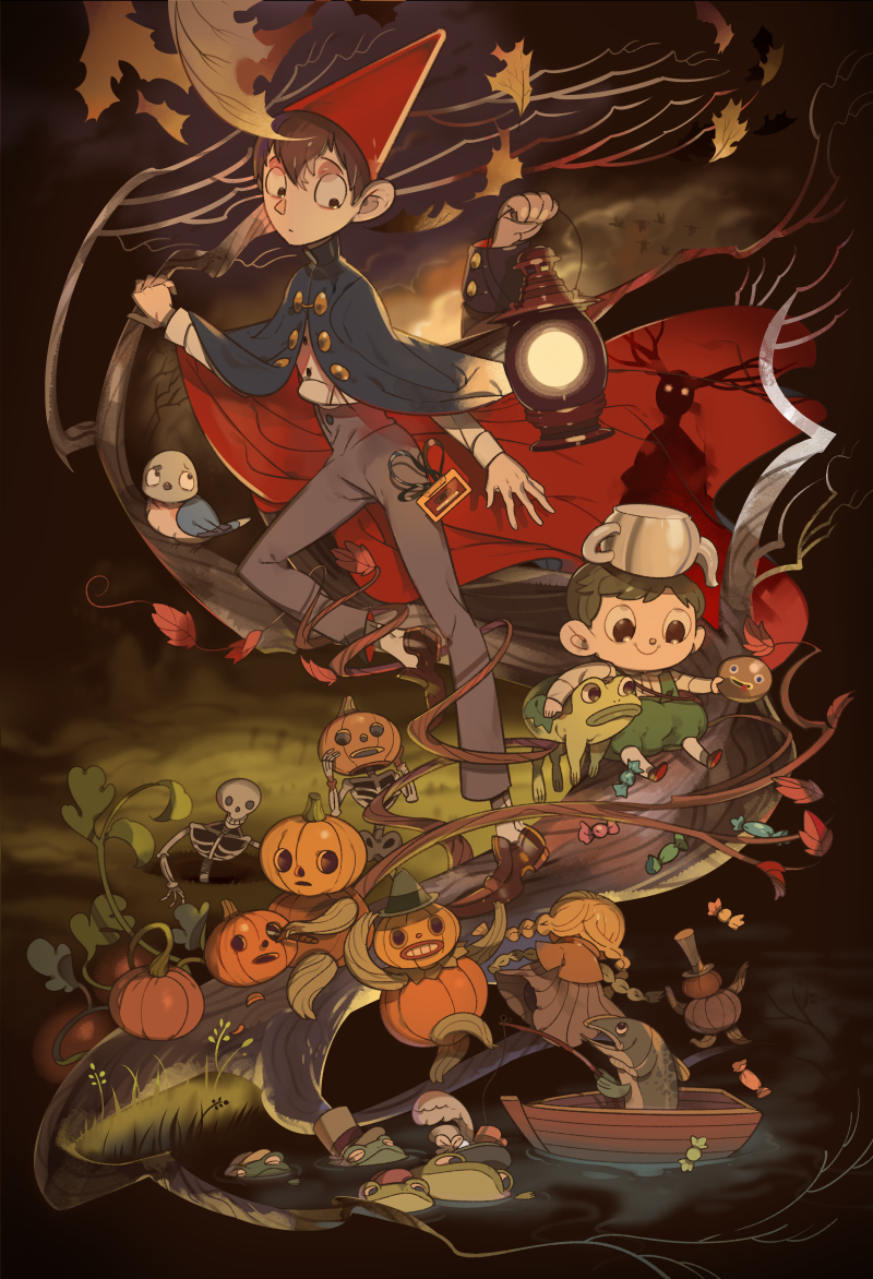 2boys beatrice_(over_the_garden_wall) bird boat branch brothers brown_hair candy cape cassette_tape cloud dancing fish fishing fishing_rod food frog goose gregory_(over_the_garden_wall) hat jack-o&#039;-lantern lantern leaf looking_at_another male_focus maruco multiple_boys over_the_garden_wall pumpkin rock rowboat siblings sitting skeleton smile standing standing_on_one_leg suspenders teapot the_beast_(over_the_garden_wall) tree wirt_(over_the_garden_wall) wrapped_candy