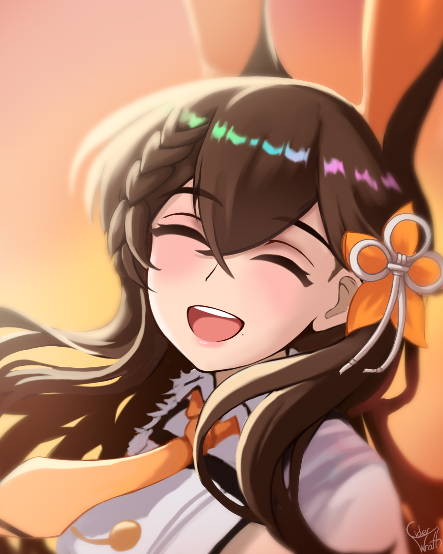 1girl animal_ears azur_lane brown_hair chikuma_(azur_lane) ciderwrath donkey_ears donkey_girl extra_ears flower hair_between_eyes hair_flower hair_ornament happy long_hair mole mole_under_mouth necktie open_mouth orange_flower orange_necktie solo teeth upper_body upper_teeth_only