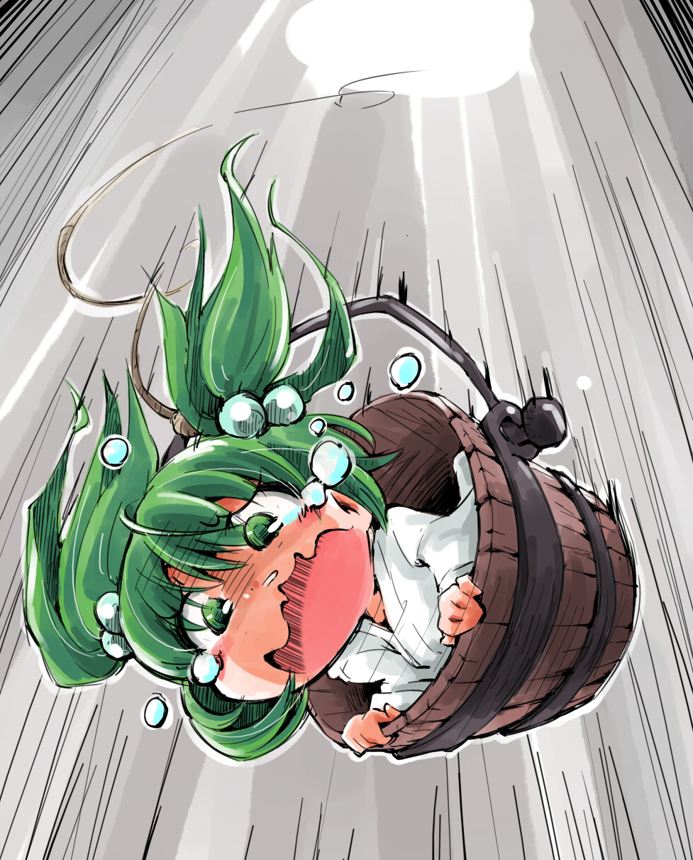 1girl bucket falling female_focus freefall green_eyes green_hair hair_bobbles hair_ornament highres in_bucket in_container japanese_clothes kimono kisume matching_hair/eyes open_mouth shinapuu solo tears touhou twintails wavy_mouth yukata