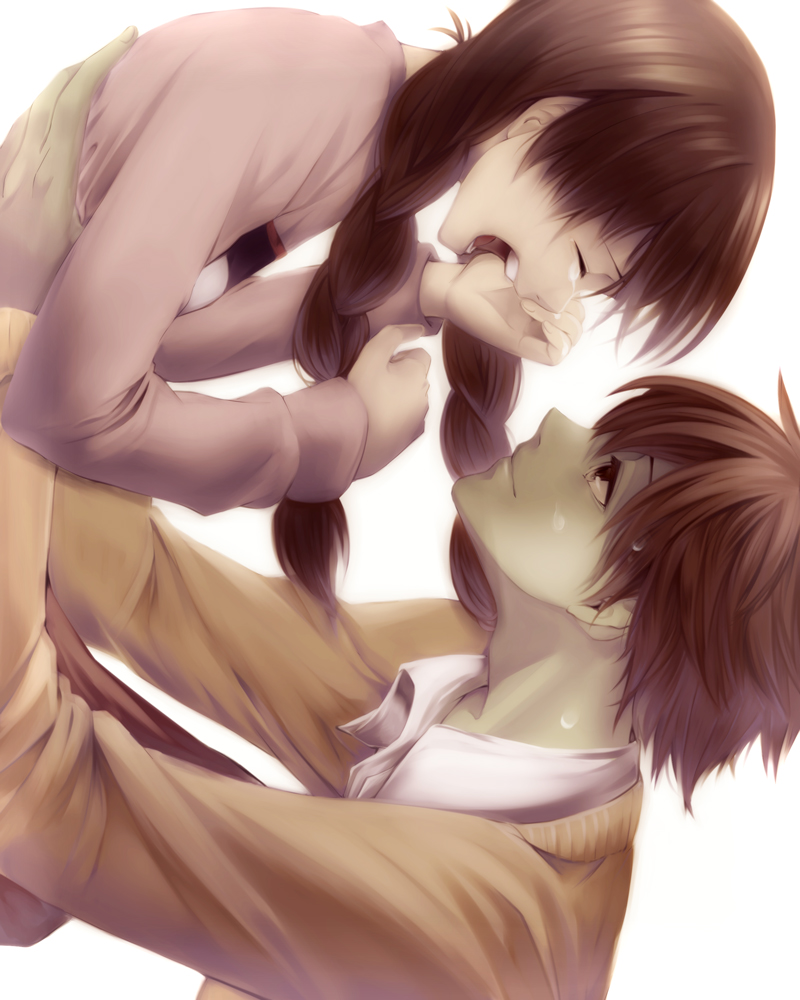1boy 1girl braid brown_hair closed_eyes colored_skin crying green_skin looking_at_another madotsuki olmatown open_mouth shitaisan short_hair sidelocks simple_background smile sweater tears twin_braids white_background wiping_tears yume_nikki