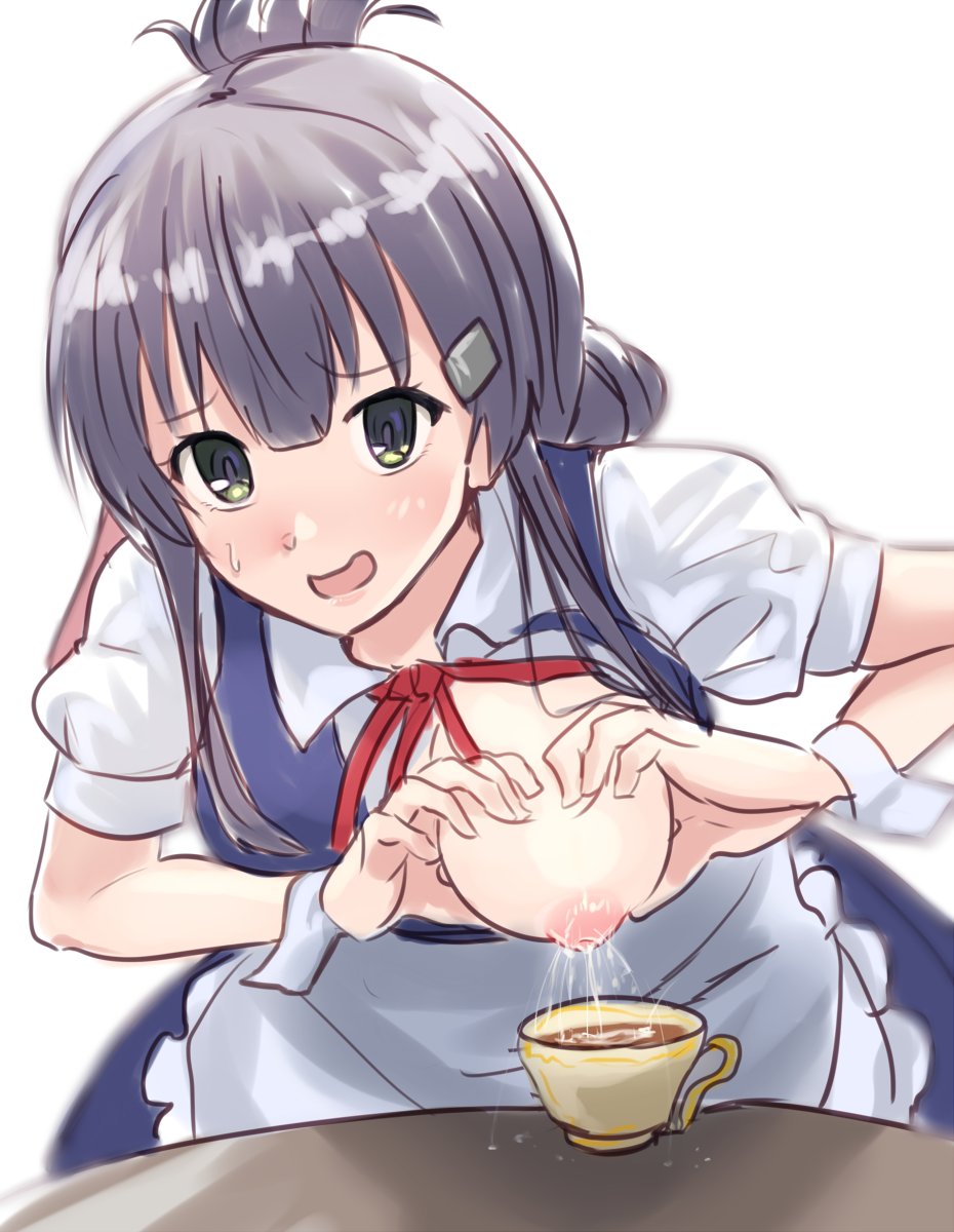 1girl :d alternate_costume apron blush breasts collared_shirt commentary_request cup dress folded_ponytail furrowed_brow green_eyes hair_ornament hairclip heart-shaped_boob_challenge highres lactating_into_container lactation large_breasts looking_at_viewer maid_apron mashitono_desu neck_ribbon nipples one_breast_out open_mouth puffy_short_sleeves puffy_sleeves purple_dress purple_hair red_ribbon ribbon shirt short_sleeves sidelocks simple_background sketch smile solo sweat table toji_no_miko white_apron white_background white_shirt wrist_cuffs yanase_mai