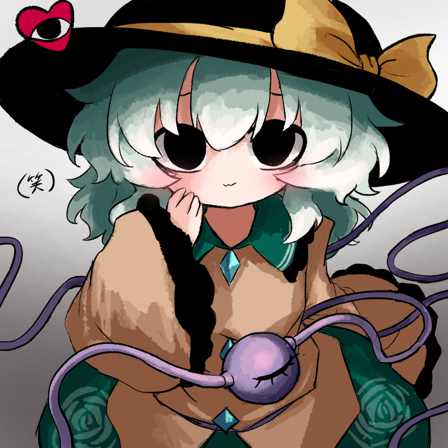 1girl :3 black_eyes black_hat blouse blush bow closed_mouth commentary_request floral_print frilled_shirt_collar frilled_sleeves frills green_hair green_skirt grey_background hand_on_own_face hand_to hat hat_bow hat_ribbon heart heripantomorrow komeiji_koishi long_sleeves looking_at_viewer medium_hair print_skirt ribbon rose_print shirt skirt smug solo third_eye touhou translation_request upper_body wide_sleeves yellow_bow yellow_ribbon yellow_shirt