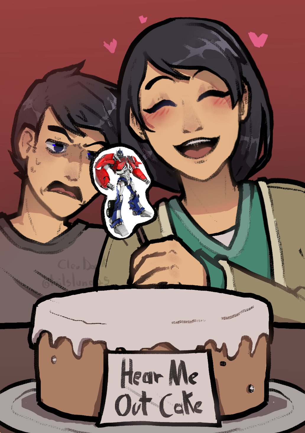 1boy 1girl ^_^ black_hair blue_eyes blush cake clevdark closed_eyes coat disgust food green_coat green_shirt grey_shirt hair_behind_ear hear_me_out_cake_(meme) heart highres holding jackson_darby june_darby long_sleeves meme mother_and_son open_mouth optimus_prime red_background shirt short_hair smile tailsluna25 transformers transformers_prime v-shaped_eyebrows watermark