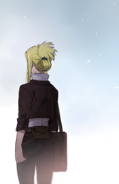 1girl arm_at_side bag belt blonde_hair blue_background conqueror_of_shambala cowboy_shot day facing_away female_focus from_behind fullmetal_alchemist gradient_background grey_background jacket long_sleeves outdoors pants riru shirt simple_background solo upper_body white_background white_shirt winry_rockbell