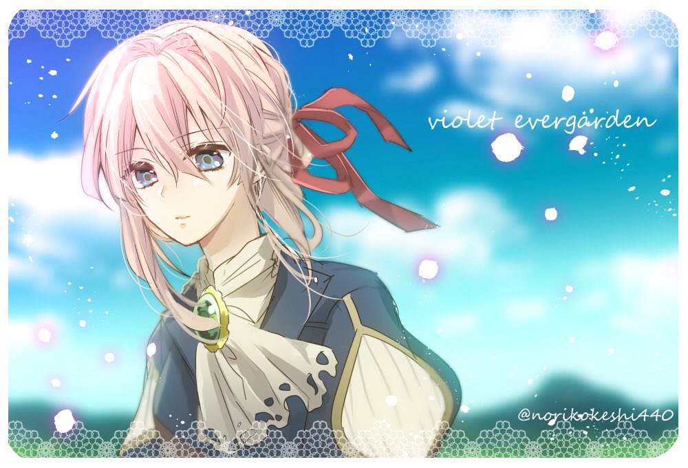 1girl ascot blonde_hair blue_eyes blue_sky blunt_bangs character_name closed_mouth commentary_request copyright_name hair_between_eyes hair_ribbon norikokeshi440 ponytail puffy_sleeves red_ribbon ribbon sidelocks sky solo twitter_username upper_body violet_evergarden violet_evergarden_(series) white_ascot
