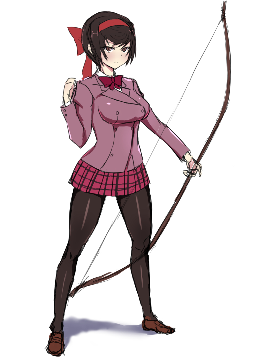 1girl blazer bow bow_(weapon) brown_eyes brown_hair full_body girls_und_panzer highres holding holding_bow_(weapon) holding_weapon jacket mordeth pantyhose plaid_clothes plaid_skirt ribbon school_uniform short_hair sketch skirt solo tatenashi_high_school_uniform tsuruki_shizuka weapon white_background
