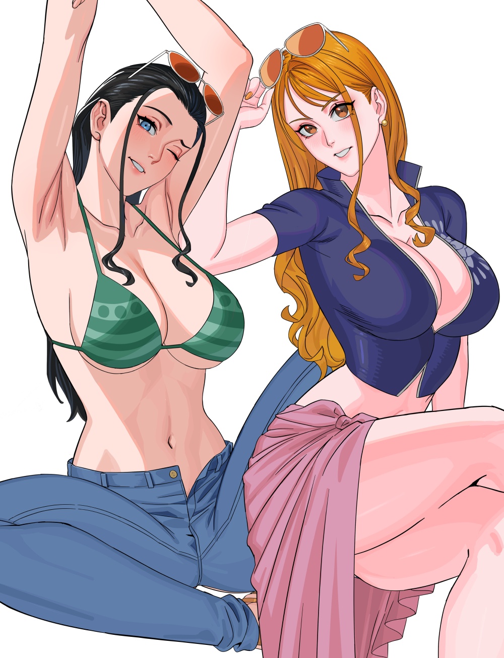 2girls armpits arms_up bikini bikini_top_only black_hair blue_eyes breasts brown_eyes cleavage collarbone cosplay costume_switch cropped_jacket cropped_vest crossed_legs denim earrings eyewear_on_head grin highres jacket jeans jewelry knee_up large_breasts long_hair midriff multiple_girls nami_(one_piece) nami_(one_piece)_(cosplay) nami_(one_piece)_(return_to_sabaody) navel nico_robin nico_robin_(cosplay) nico_robin_(return_to_sabaody) one_eye_closed one_piece open_fly orange_hair pants parted_lips pearl_earrings sarong short-sleeved_jacket short_sleeves simple_background sitting smile stomach sunglasses swimsuit thighs uukkaa vest white_background