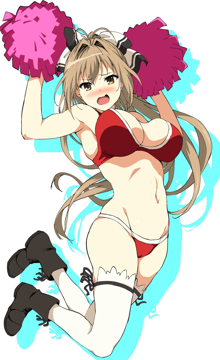 10s 1girl ahoge amagi_brilliant_park ankle_boots antenna_hair armpits bare_shoulders bikini black_eyes blush boots breasts brown_eyes brown_hair cameltoe cheerleader cleavage combat_boots embarrassed female_focus groin hair_ribbon highres kakuma_ai large_breasts legs long_hair looking_at_viewer molly_searcy navel open_mouth outline pom_pom_(cheerleading) ponytail red_bikini ribbon sento_isuzu simple_background solo swimsuit thighhighs thighs voice_actor_connection white_thighhighs yellow_eyes yoshiki360