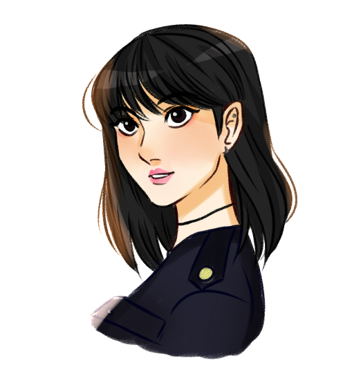1girl black_hair black_shirt blunt_bangs choker commentary earrings english_commentary eunha_(gfriend) galleta-galleta-metralleta gfriend jewelry k-pop medium_hair parted_lips pink_lips real_life shirt simple_background solo upper_body white_background