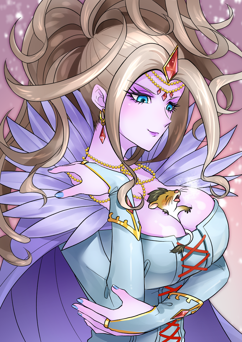 1girl animal animal_between_breasts between_breasts blue_dress blue_eyes blue_gloves breasts bridal_gauntlets cape colored_skin commentary_request commission dragon_quest dragon_quest_viii dragon_quest_xi dress earrings eputo_(murockyou) gloves hair_ornament jewelry krystalinda large_breasts light_brown_hair lipstick lizlette makeup munchie_(dq8) pale_skin purple_cape purple_lips purple_skin skeb_commission solo upper_body