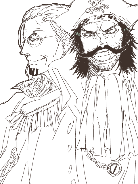 2boys ascot beard_stubble clenched_teeth coat facial_hair glasses gol_d._roger greyscale hair_slicked_back hat kaoru. looking_at_viewer male_focus monochrome multiple_boys mustache one_piece pirate_hat silvers_rayleigh simple_background stubble teeth