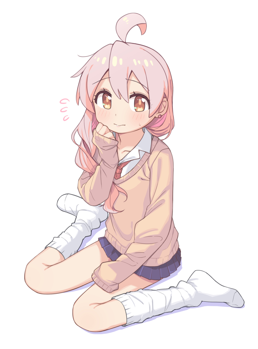 1girl ahoge bare_legs blue_skirt blush brown_eyes brown_jacket earrings flying_sweatdrops full_body hair_between_eyes hair_over_shoulder highres jacket jewelry kneehighs long_hair long_sleeves looking_at_viewer loose_socks miniskirt necktie no_shoes onii-chan_wa_oshimai! oyama_mahiro pink_hair pleated_skirt red_necktie saiste shirt simple_background sitting skirt sleeves_past_wrists socks solo stud_earrings wariza white_background white_shirt white_socks wing_collar