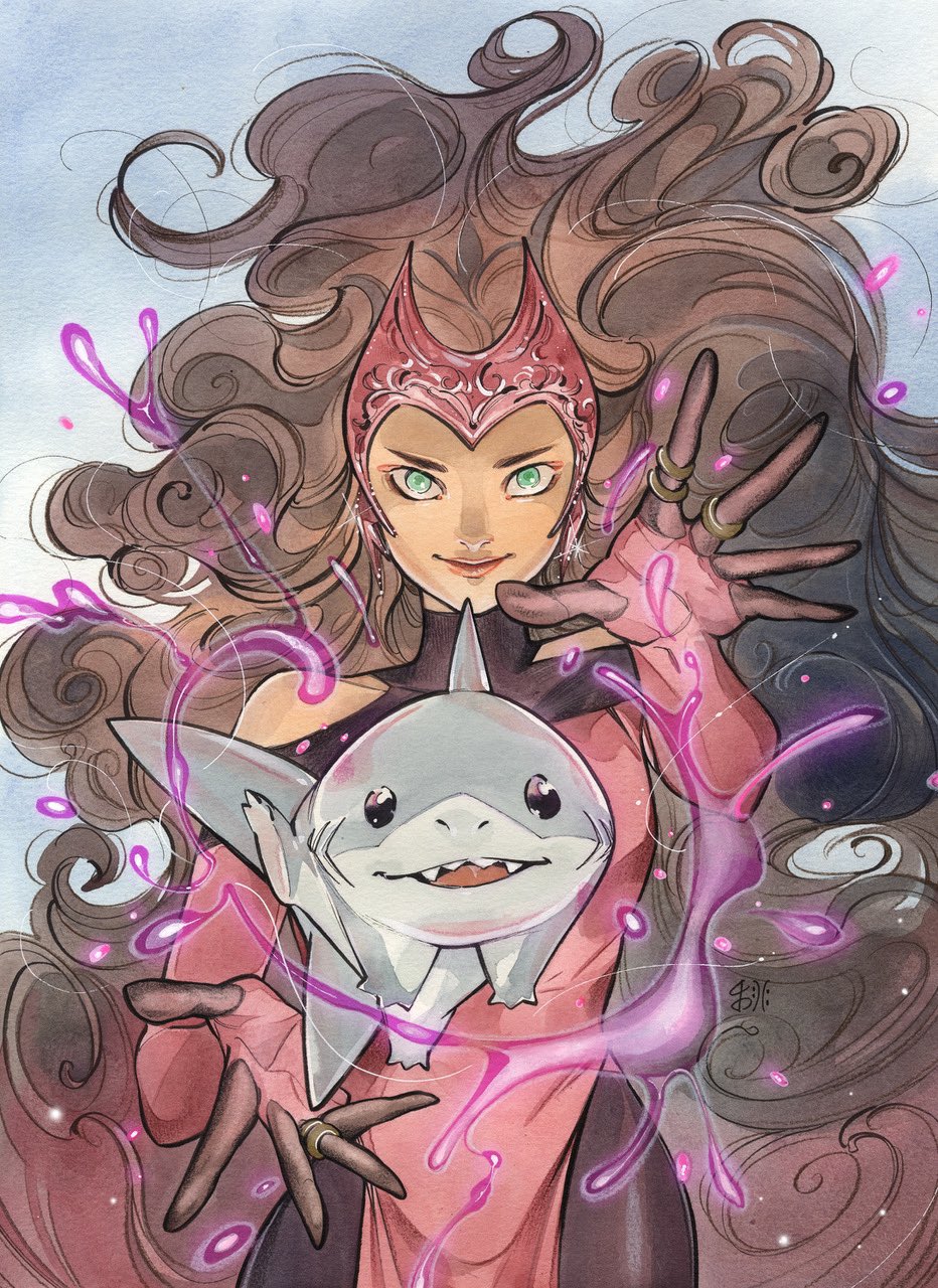 1girl brown_hair green_eyes highres jeff_(marvel) jewelry long_hair looking_at_viewer magic marvel peach_momoko scarlet_witch shark smile solo