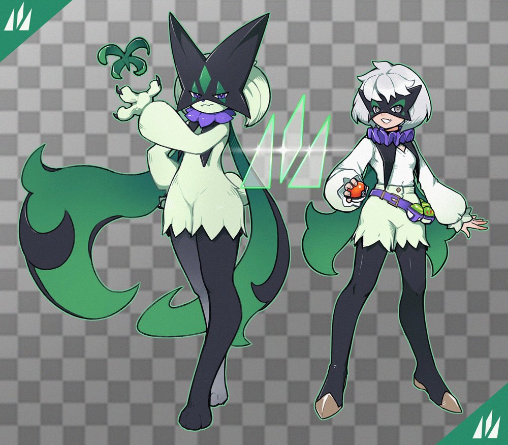 1girl alternate_color black_footwear black_mask black_scarf boots claws fang flaw_eight flower friend_ball full_body green_scarf hand_up holding holding_poke_ball long_sleeves looking_at_viewer meowscarada nest_ball nintendo open_mouth personification poke_ball poke_ball_(basic) pokemon pokemon_(creature) puffy_long_sleeves puffy_sleeves purple_eyes purple_flower scarf shiny_pokemon shirt shorts smile thigh_boots two-sided_scarf white_shirt white_shorts