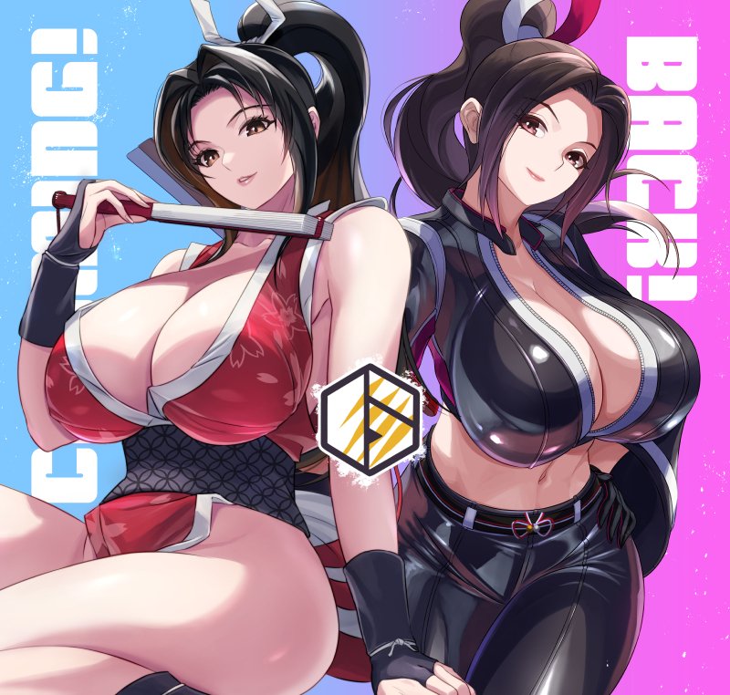bad_tag breasts cleavage collarbone crossover ema_(emaura) fatal_fury fatal_fury:_city_of_the_wolves female_focus hand_fan high_ponytail holding holding_fan large_breasts looking_at_viewer ponytail shiranui_mai skin_tight snk street_fighter street_fighter_6 the_king_of_fighters
