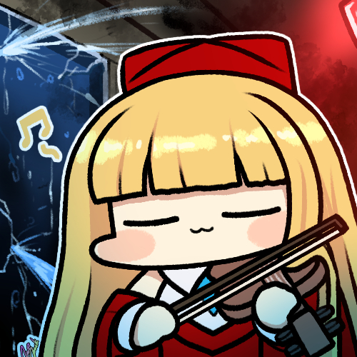 1girl :3 blonde_hair blunt_bangs cardinal_armand chibi closed_eyes crack cracked_glass instrument jazz_jack last_origin long_hair lowres musical_note signature violin water