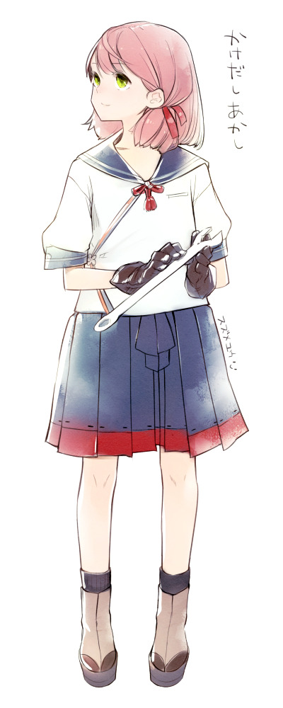 1girl akashi_(kancolle) black_gloves blue_sailor_collar blue_skirt closed_mouth commentary_request full_body gloves green_eyes hair_ribbon holding holding_wrench kantai_collection pink_hair pleated_skirt red_ribbon ribbon sailor_collar school_uniform serafuku short_sleeves signature simple_background skirt solo standing suzume_yuu white_background wrench