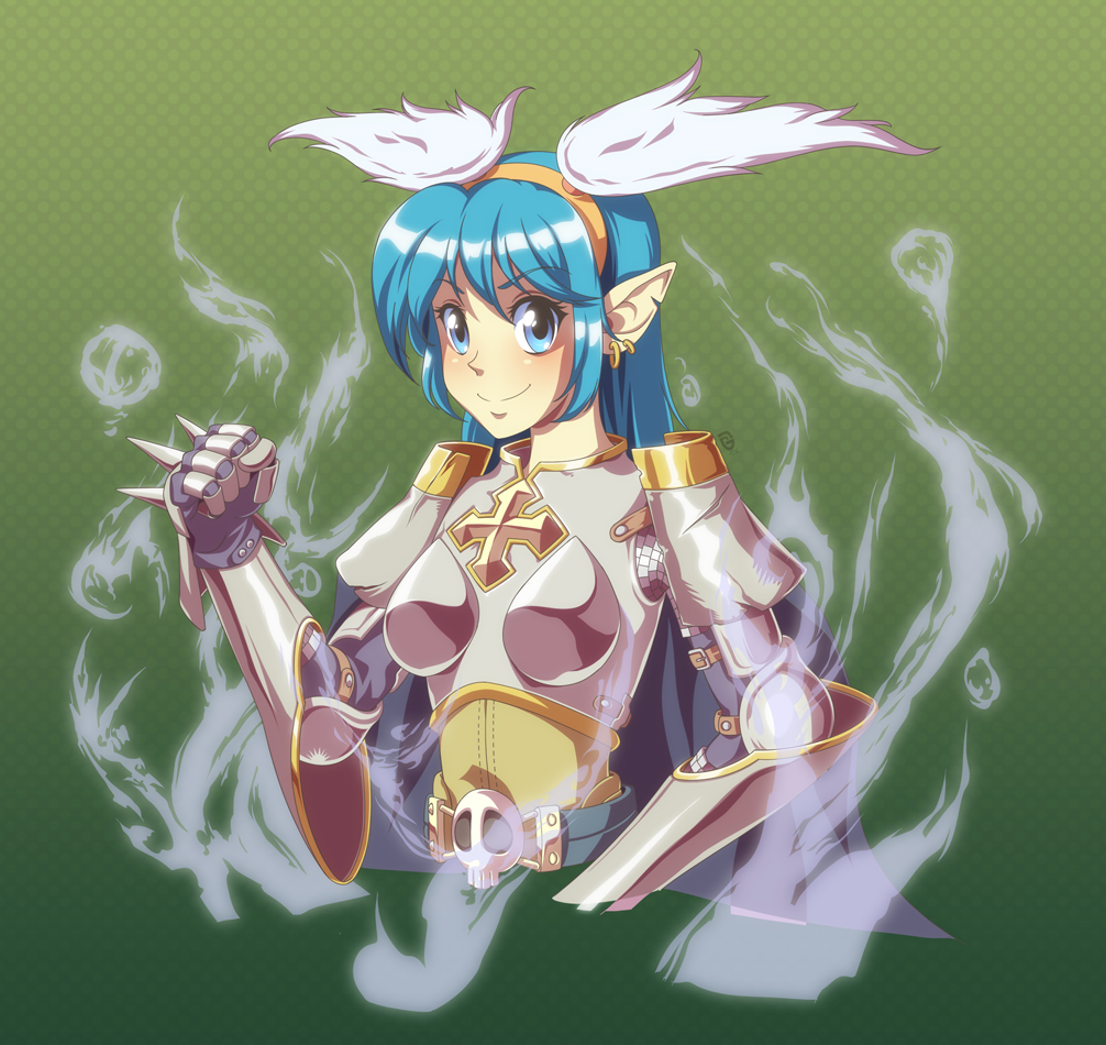 1girl armor aura blue_eyes blue_hair blush cape chainmail clenched_hand closed_mouth cokeboy commentary cropped_torso earrings english_commentary fake_wings feathered_wings green_background grey_cape jewelry long_hair looking_at_viewer lord_knight_(ragnarok_online) pauldrons pointy_ears ragnarok_online shoulder_armor smile solo spiked_gauntlets upper_body white_wings wings