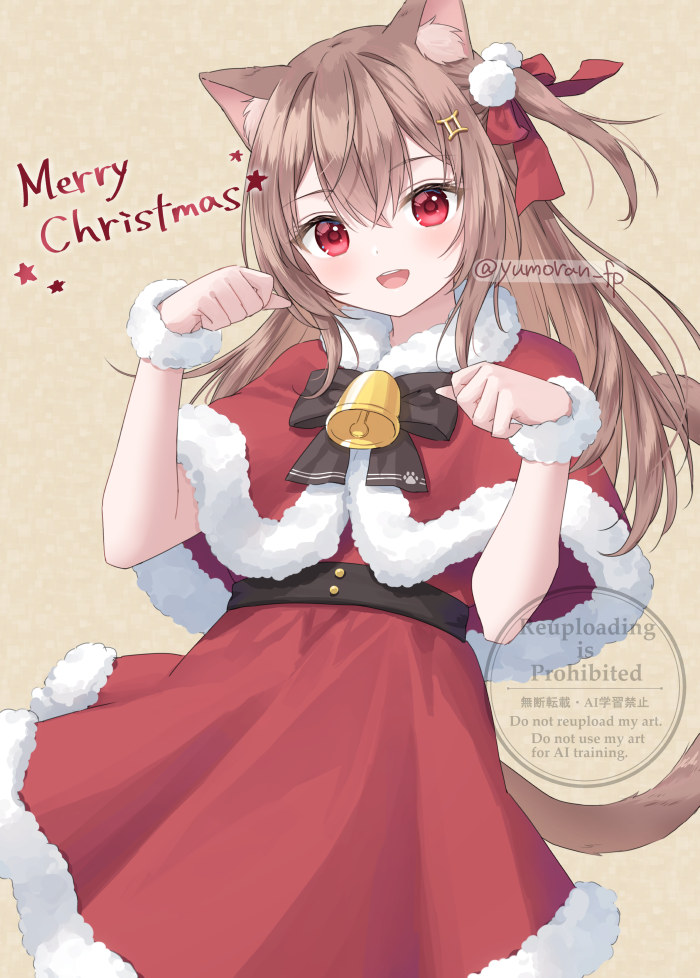 1girl :d animal_ear_fluff animal_ears bell black_bow bow brown_background capelet cat_ears cat_girl cat_tail commentary_request dress english_text fur-trimmed_capelet fur-trimmed_dress fur_trim gemini_(zodiac) hair_bow hair_ornament looking_at_viewer merry_christmas neck_bell nina_(yumoran) one_side_up open_mouth original paw_pose red_bow red_capelet red_dress red_eyes simple_background smile solo star_(symbol) tail twitter_username watermark yumoran zodiac