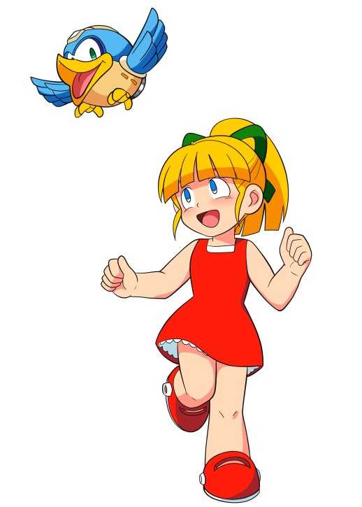 beat_(mega_man) blonde_hair blue_eyes capcom child dress looking_up mega_man_(classic) open_mouth ponytail red_dress ribbon roll_(mega_man) white_background yume_yoroi