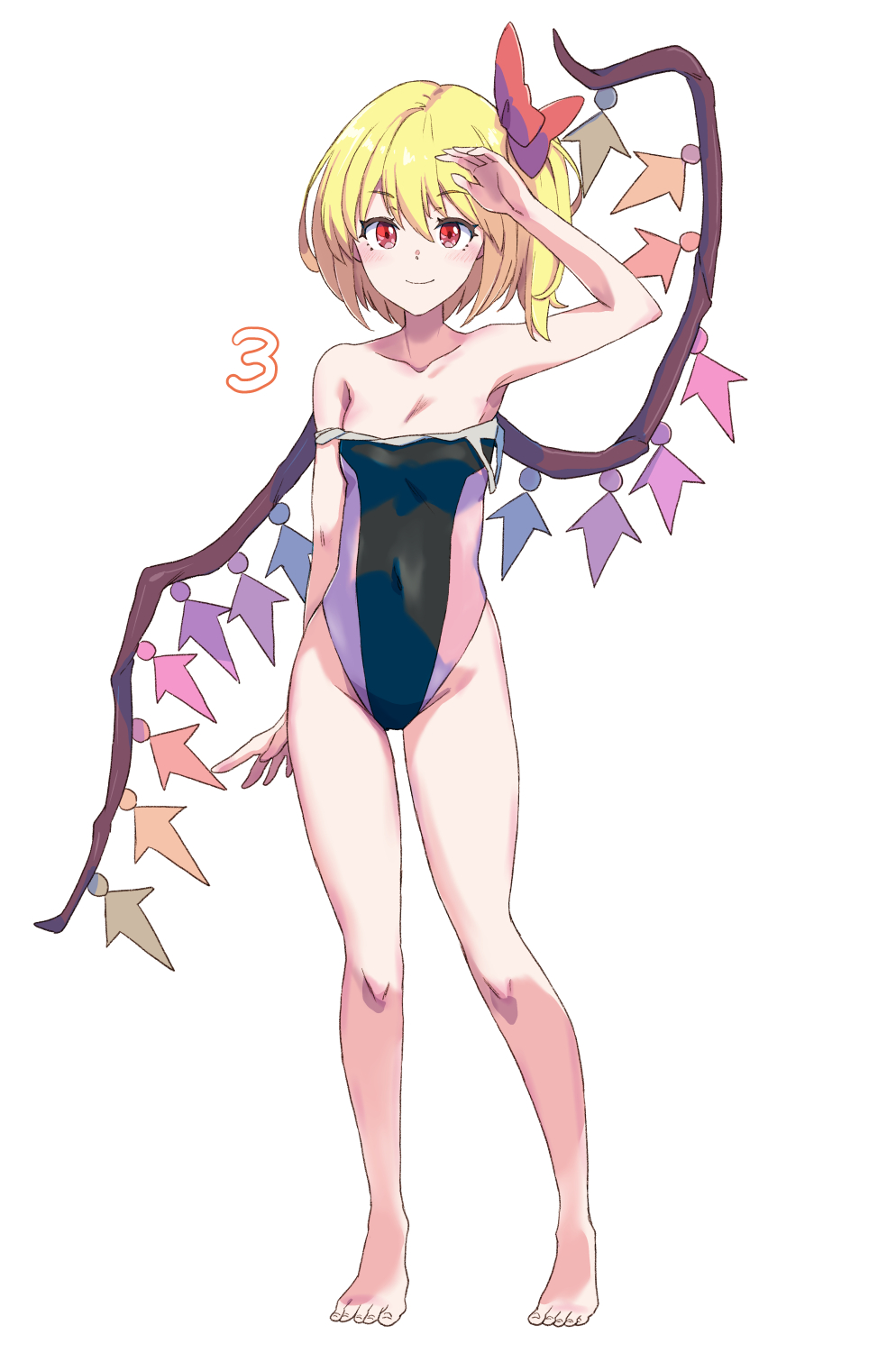 1girl arm_at_side arm_up blonde_hair bow breasts closed_mouth collarbone commentary_request covered_navel crystal_wings flandre_scarlet full_body hair_bow highres jack_(wkm74959) light_blush looking_at_viewer one-piece_swimsuit partially_undressed red_bow red_eyes short_hair side_ponytail small_breasts smile solo standing swimsuit toenails toes touhou two-tone_one-piece_swimsuit white_background