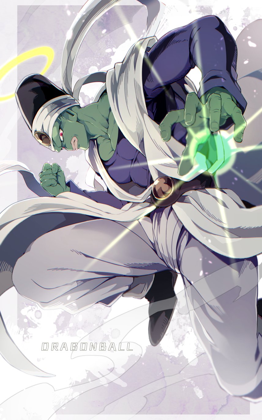 1boy bb_m0024 border colored_skin commentary_request copyright_name dragon_ball dragonball_z energy_ball floating_clothes green_skin halo hat highres imminent_attack leg_up looking_at_viewer male_focus muscular muscular_male pants pikkon pink_lips purple_shirt red_eyes shirt solo twitter_username white_border white_pants yellow_halo