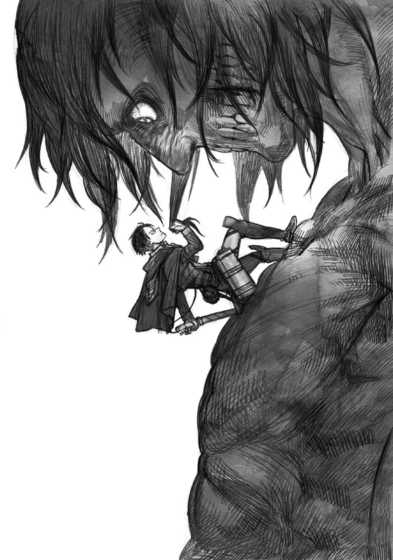 1boy battle blade emblem from_side frown giant grabbing_another&#039;s_hair greyscale levi_(shingeki_no_kyojin) monochrome monster paradis_military_uniform prema-ja shingeki_no_kyojin short_hair size_difference solo_focus teeth three-dimensional_maneuver_gear titan_(generic)_(shingeki_no_kyojin) titan_(shingeki_no_kyojin) wide-eyed