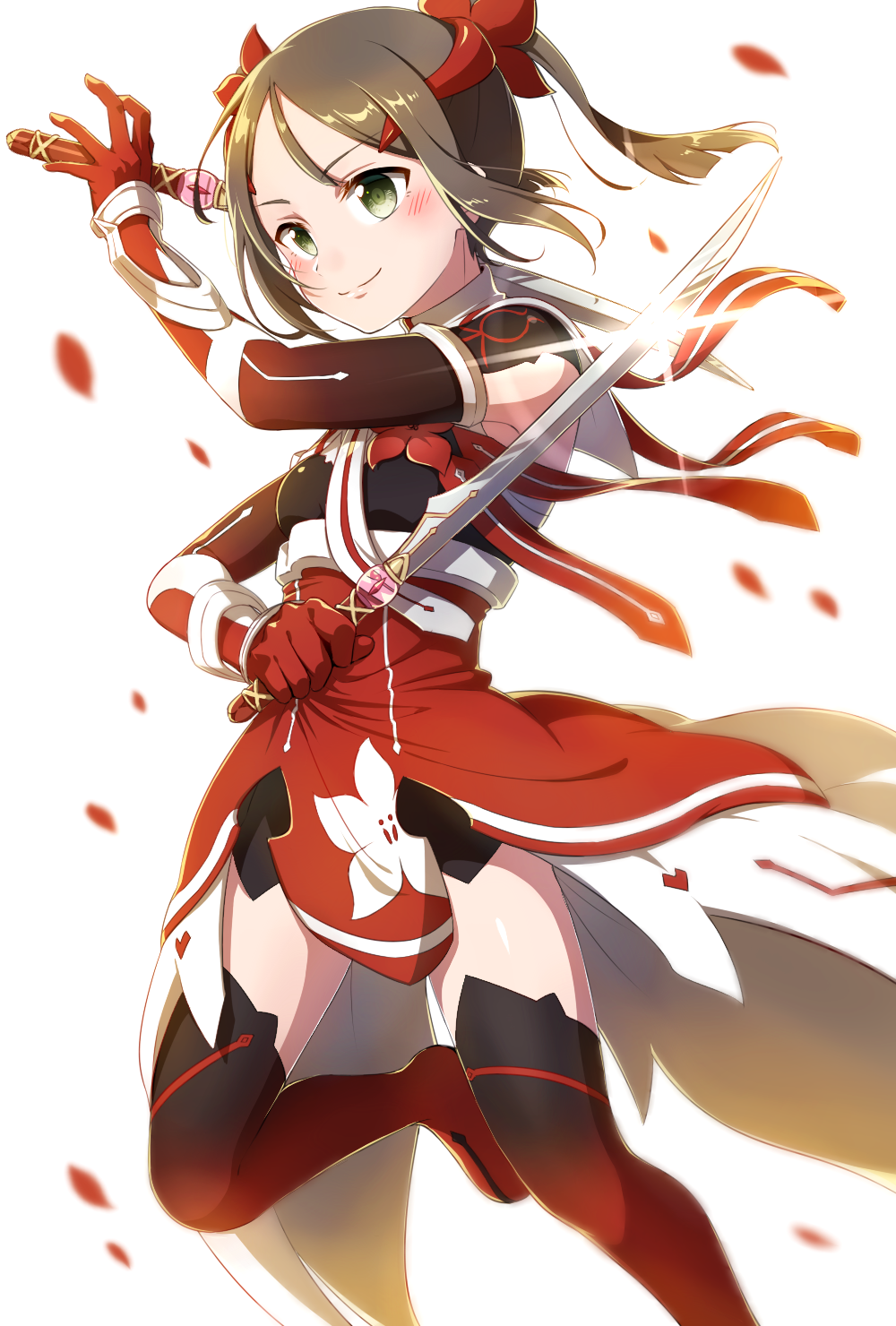 1girl black_boots black_gloves boots brown_hair closed_mouth dual_wielding eda_udon elbow_gloves gloves gradient_boots gradient_gloves green_eyes hair_ornament hairclip highres holding holding_sword holding_weapon mankai miyoshi_karin overskirt red_boots red_gloves red_overskirt smile solo sword thigh_boots thighhighs twintails weapon white_background yuuki_yuuna_wa_yuusha_de_aru yuusha_de_aru zettai_ryouiki