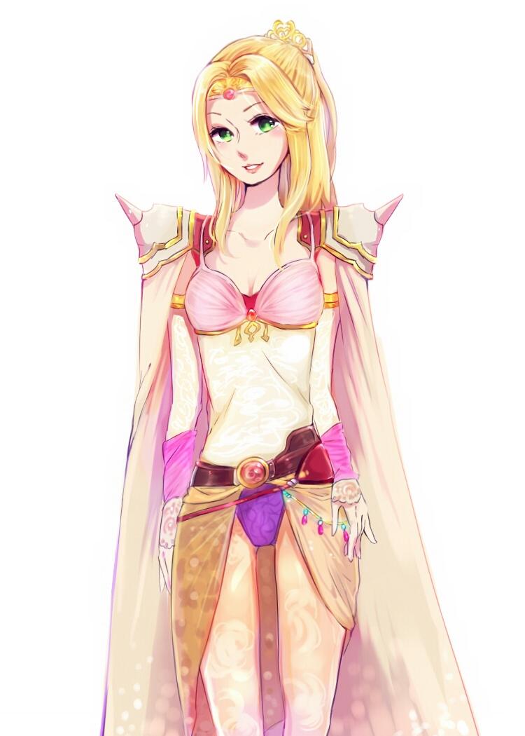 1girl armor bad_id bad_twitter_id blonde_hair breasts cape cleavage crown elbow_gloves final_fantasy final_fantasy_iv gloves green_eyes inactive_account jewelry long_hair looking_at_viewer medium_breasts nyonyo_suite pantyhose parted_bangs ponytail rosa_farrell shoulder_pads shoulder_spikes sidelocks smile solo spikes upper_body white_background white_cape white_pantyhose