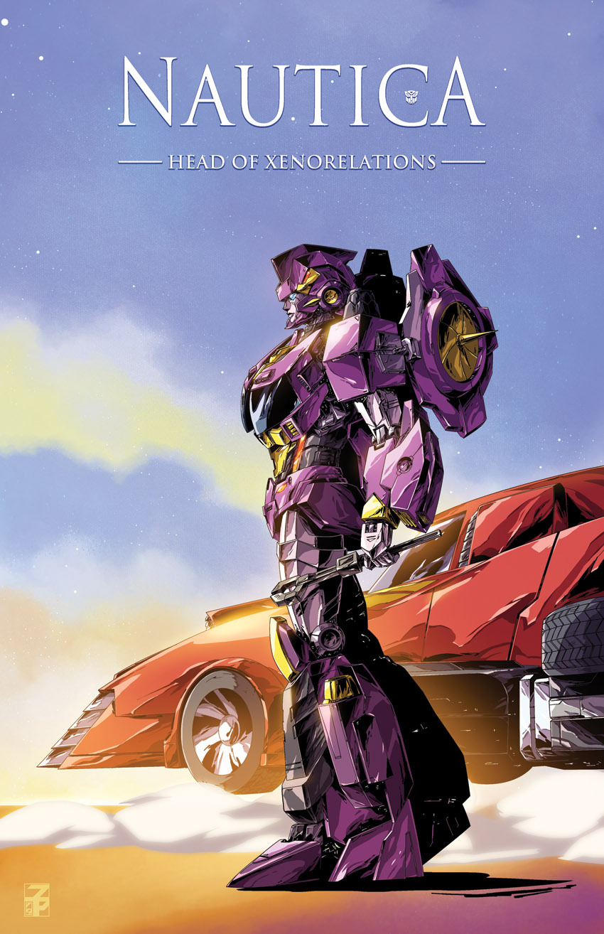 autobot commentary dyemooch english_commentary from_side highres holding holding_wrench insignia kaze_no_tani_no_nausicaa logo_parody looking_ahead mecha nautica_(transformers) no_humans parody poster_(medium) road_rage_(transformers) robot standing the_transformers_(idw) transformers visor wrench