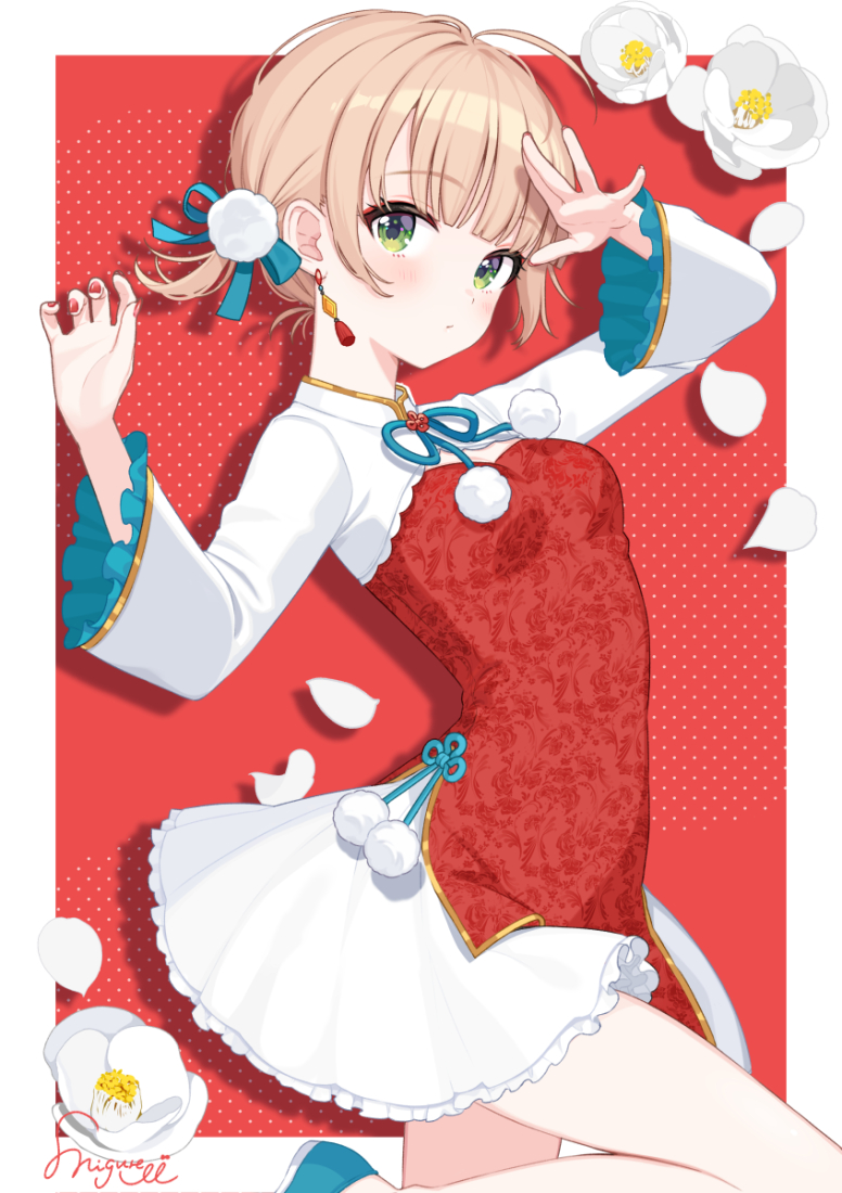 1girl ahoge aqua_ribbon aqua_shoes blonde_hair blush border breasts china_dress chinese_clothes commentary dress earrings eyelashes flower frills green_eyes hair_ornament hands_up indie_virtual_youtuber jewelry legs long_sleeves looking_at_viewer medium_breasts medium_hair petals pom_pom_(clothes) pom_pom_hair_ornament print_dress red_background red_dress ribbon shigure_ui shigure_ui_(vtuber) shoes sidelocks signature solo standing standing_on_one_leg symbol-only_commentary thighs virtual_youtuber white_border white_flower white_sleeves