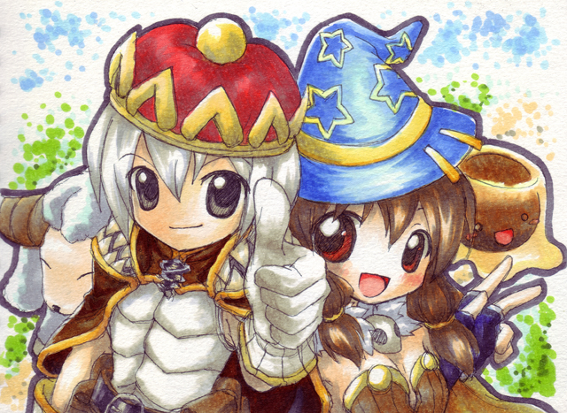 1boy 1girl 2000s_(style) :d alchemist_(ragnarok_online) amistr_(ragnarok_online) beret blue_hat breasts brown_cape brown_dress cape cleavage closed_mouth commentary_request creator_(ragnarok_online) dress fingerless_gloves gloves hat long_hair looking_at_viewer marker_(medium) miesa open_mouth purple_gloves ragnarok_online red_hat sheep shirt short_hair slime_(creature) small_breasts smile star_(symbol) star_print strapless strapless_dress thumbs_up traditional_media upper_body vanilmirth_(ragnarok_online) white_gloves white_shirt witch_hat
