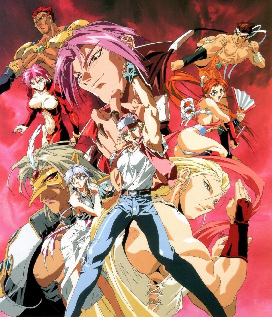 1990s_(style) 3girls 6+boys andy_bogard armor ass breasts brown_hair fatal_fury fatal_fury:_the_motion_picture grey_hair hachimaki hand_fan hauer headband highres jamin joe_higashi laocorn_gaudeamus martial_arts mask multiple_boys multiple_girls official_art oobari_masami panni_(fatal_fury) panties pink_hair poster_(medium) purple_hair red_hair retro_artstyle shiranui_mai sideboob snk sulia_gaudeamus tan terry_bogard thong underwear