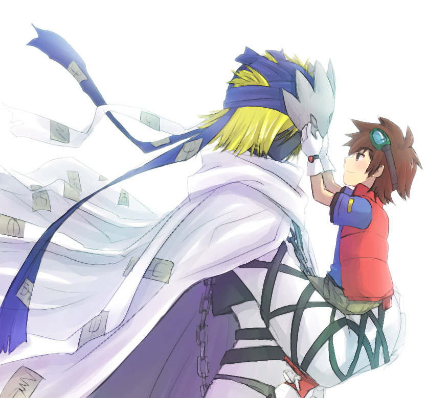 2boys baalmon digimon digimon_(creature) goddess_(digimon_xros_wars) goggles goggles_on_head jacket kudou_taiki mask multiple_boys