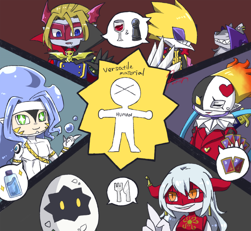 digimon digimon_ghost_game digitamamon egg horns insect_girl mask matadrmon orange_eyes piemon sangloupmon spider_girl splashmon vamdemon